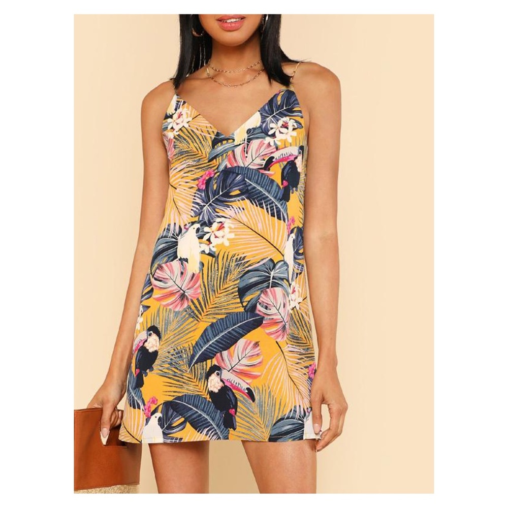 Yellow Tropical Print Sleeveless Cami Shift Dress